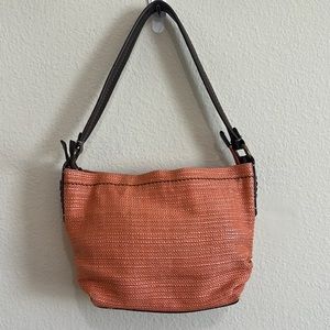 Fossil Genuine Leather Canvas Straw Material Hand Pocket Purse Zip Floral Orange